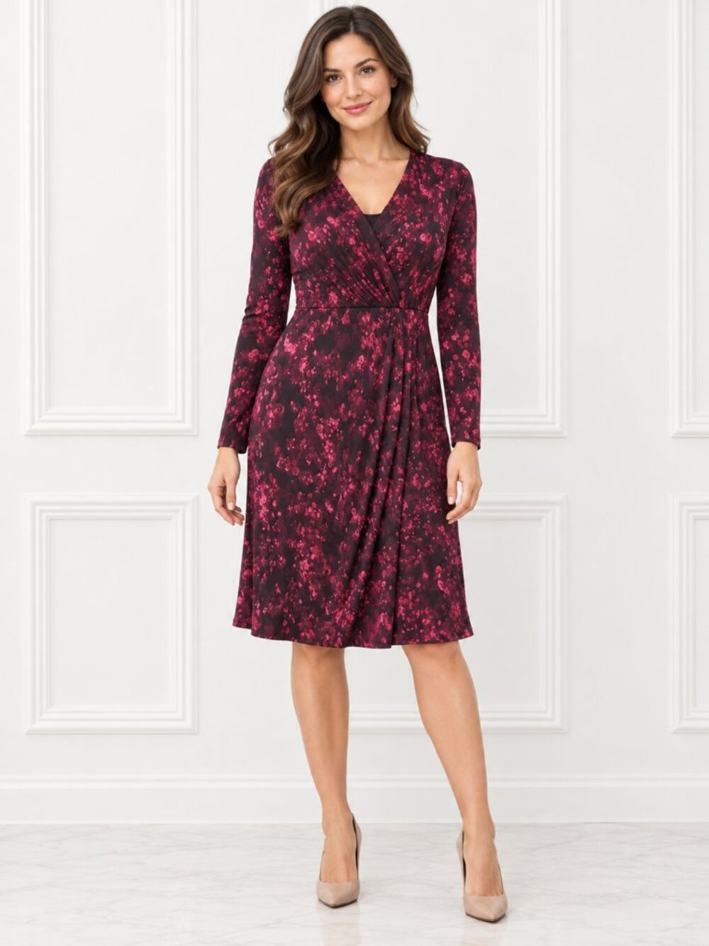 Tahari Women’s Size 6 Burgundy Pink Floral Faux Wrap Long Sleeve Dress
